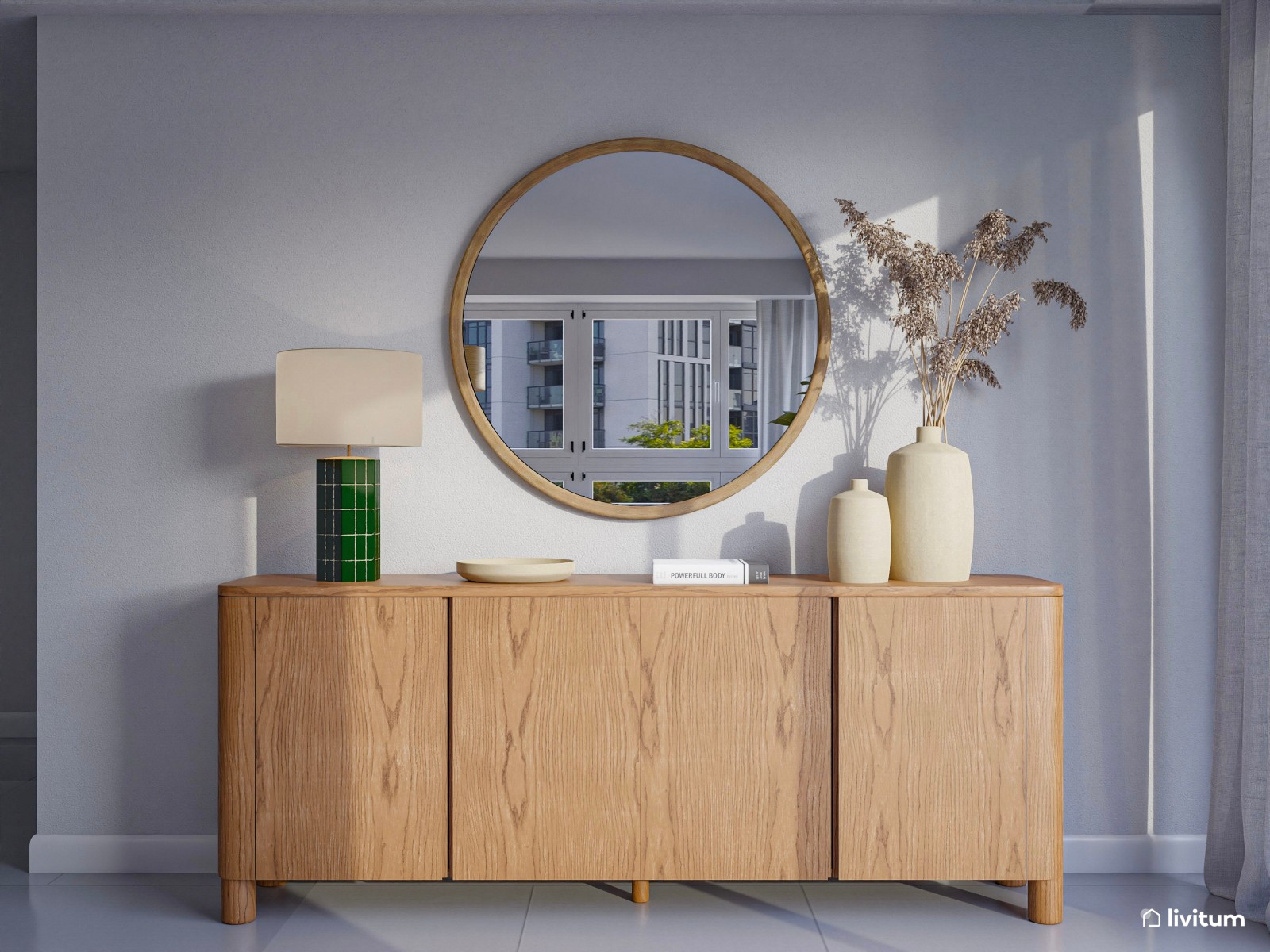 Salón elegante con muebles mid-century de líneas curvas