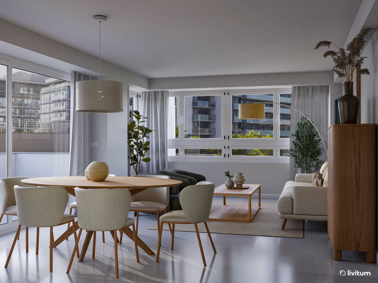 Salón elegante con muebles mid-century de líneas curvas