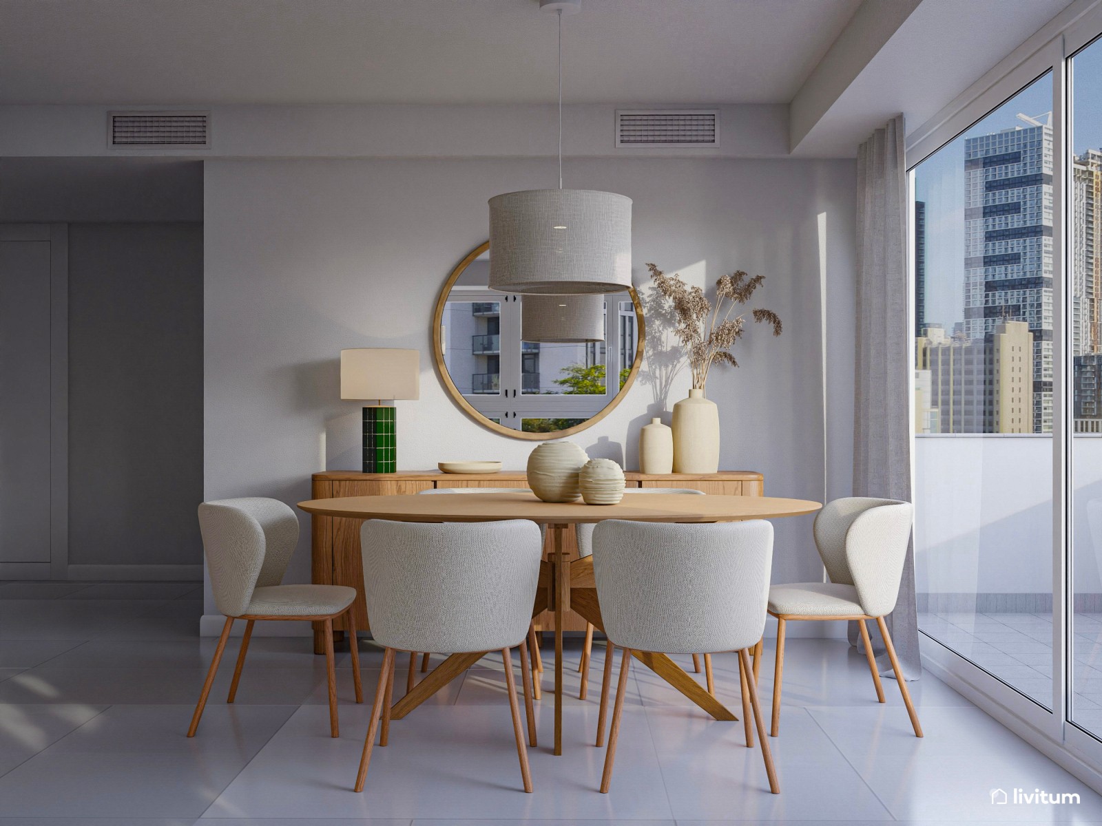 Salón elegante con muebles mid-century de líneas curvas