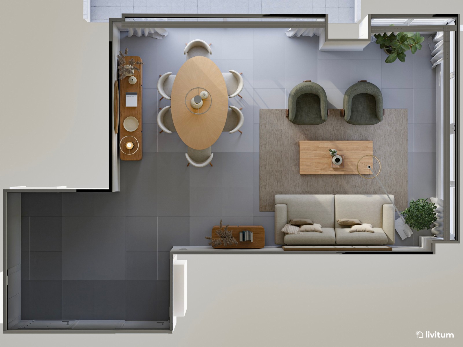 Salón elegante con muebles mid-century de líneas curvas