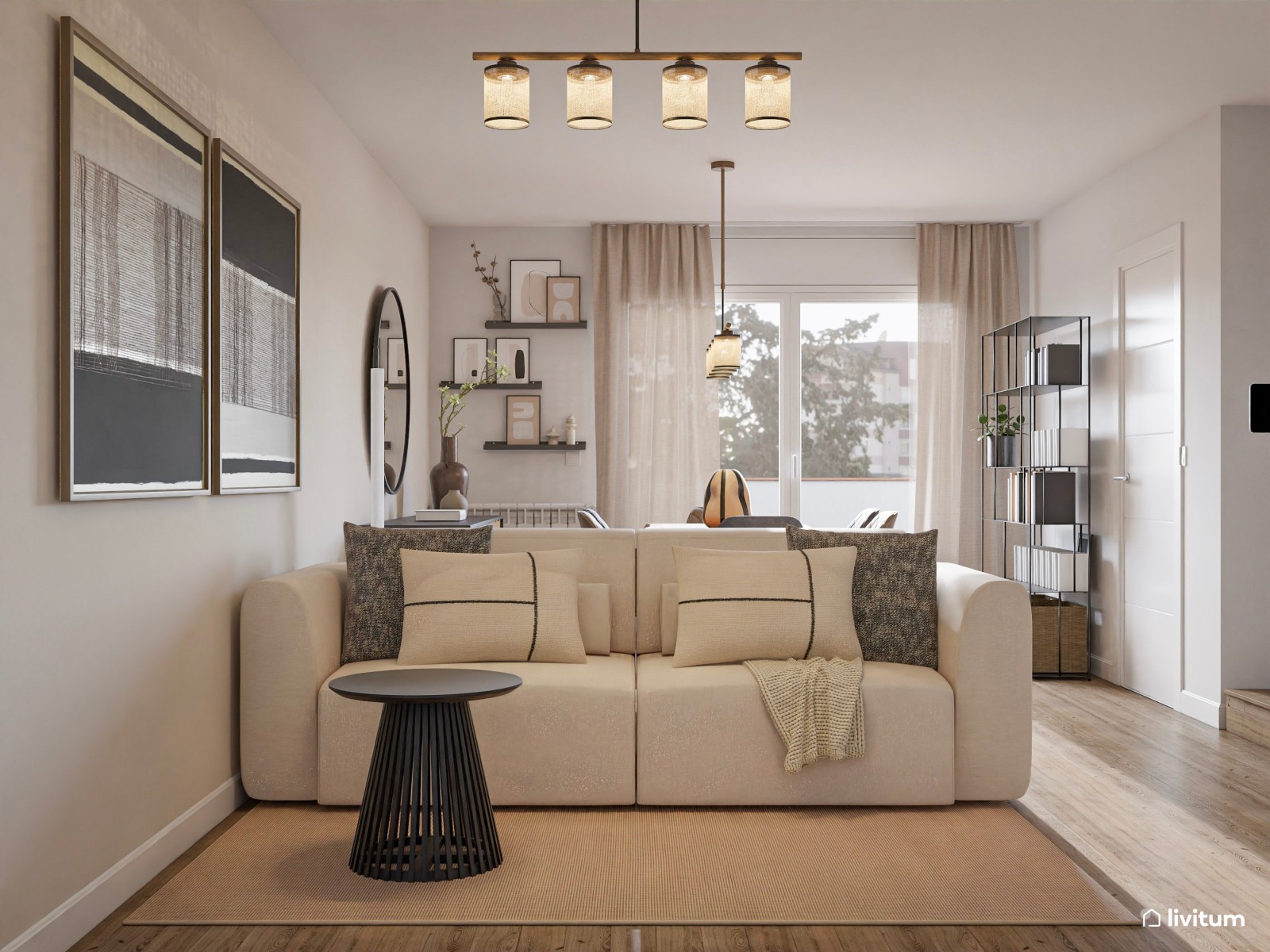 Salón elegante con muebles modernos y decoración en tonos tierra