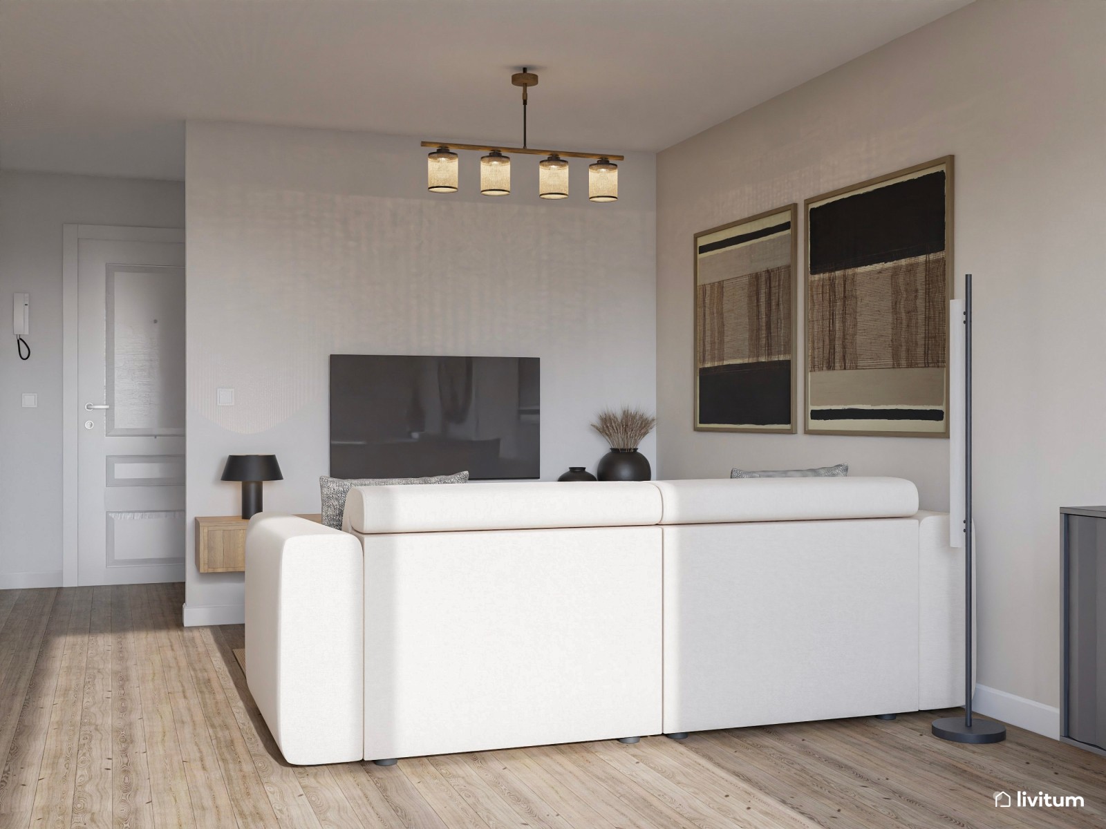 Salón elegante con muebles modernos y decoración en tonos tierra