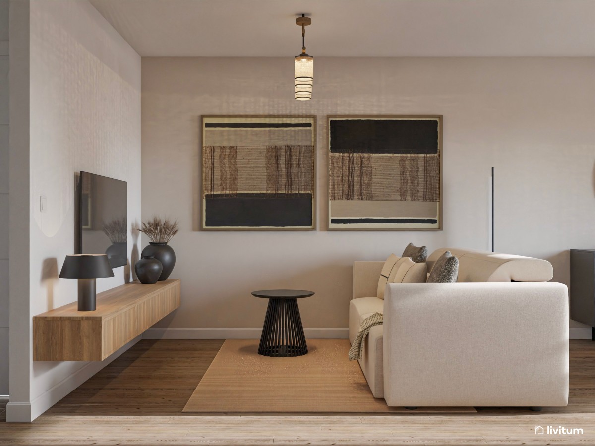 Salón elegante con muebles modernos y decoración en tonos tierra