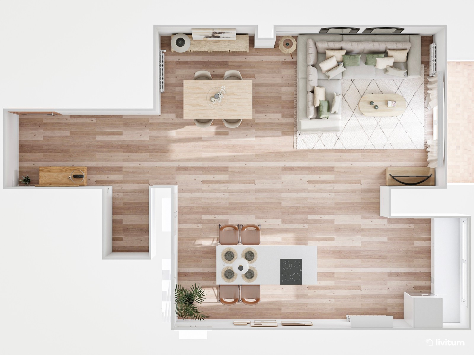 Salón elegante en tonos neutros con comedor de madera y recibidor acogedor