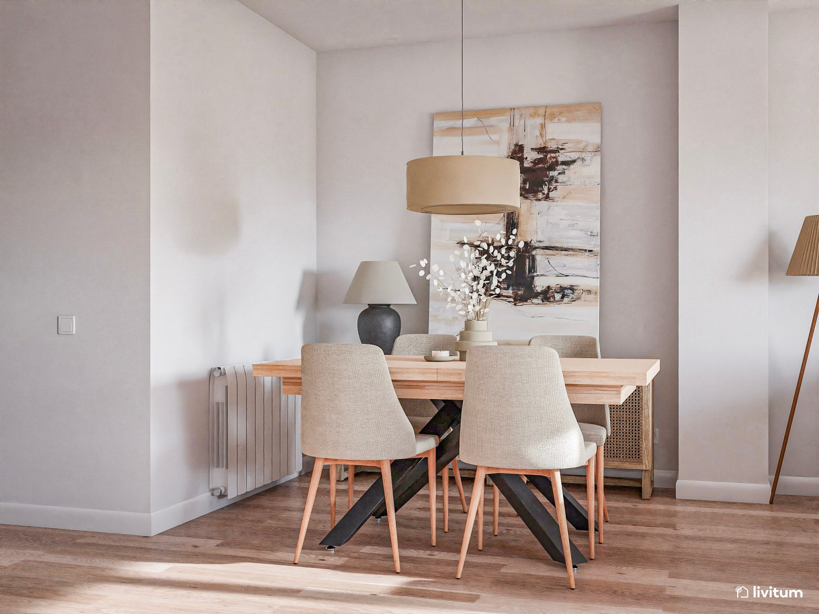 Salón elegante en tonos neutros con comedor de madera y recibidor acogedor
