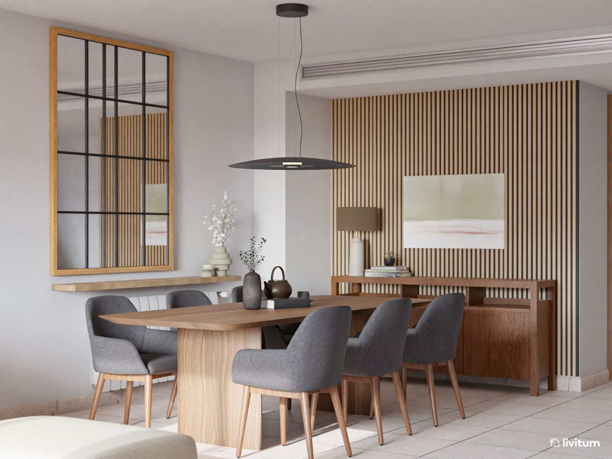 Salón elegante en tonos neutros con comedor de madera y recibidor acogedor
