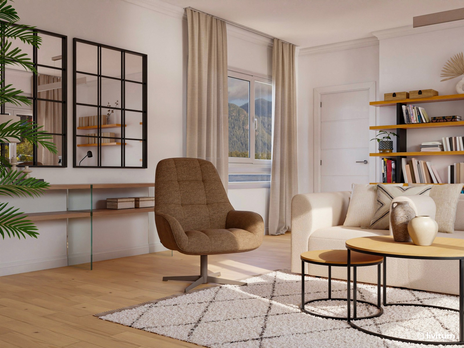 Salón elegante en tonos tierra con zona de trabajo y detalles mid-century 