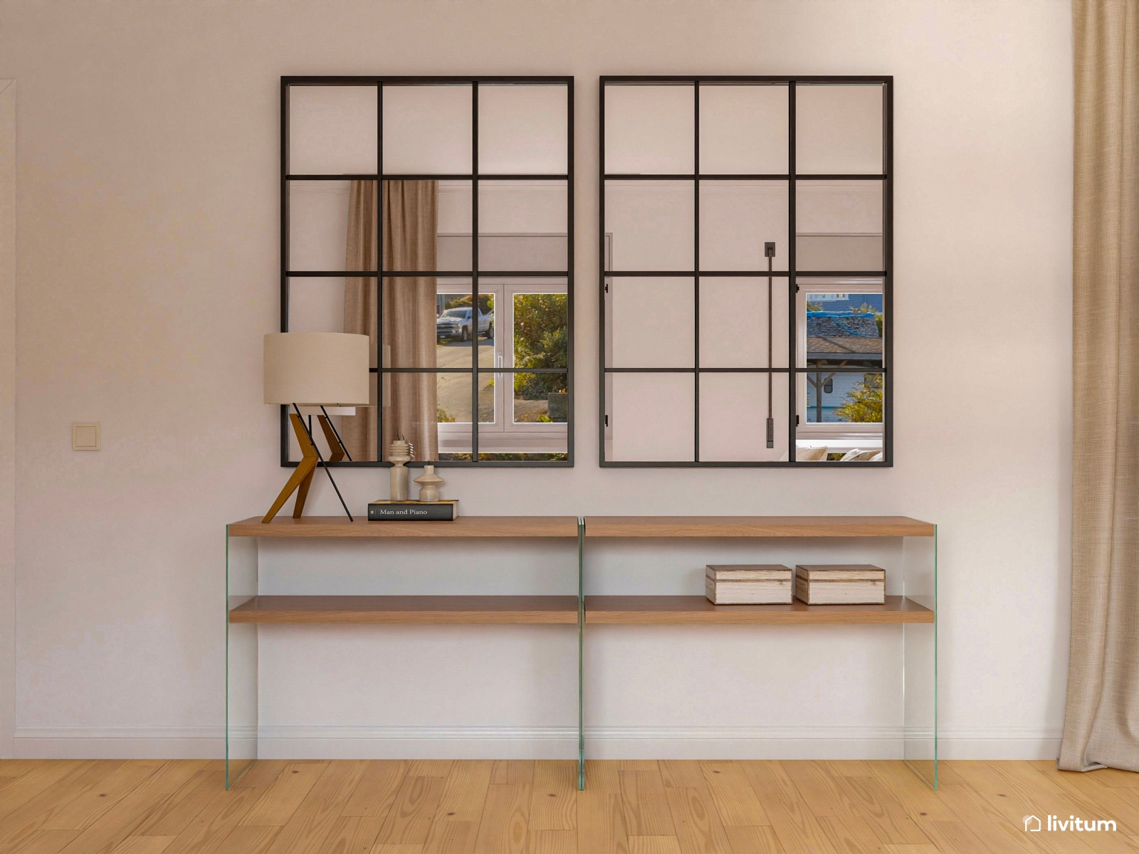 Salón elegante en tonos tierra con zona de trabajo y detalles mid-century 