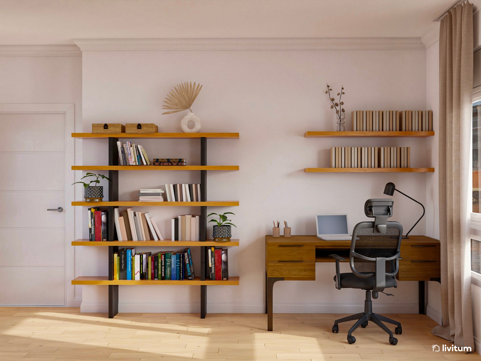 Salón elegante en tonos tierra con zona de trabajo y detalles mid-century 