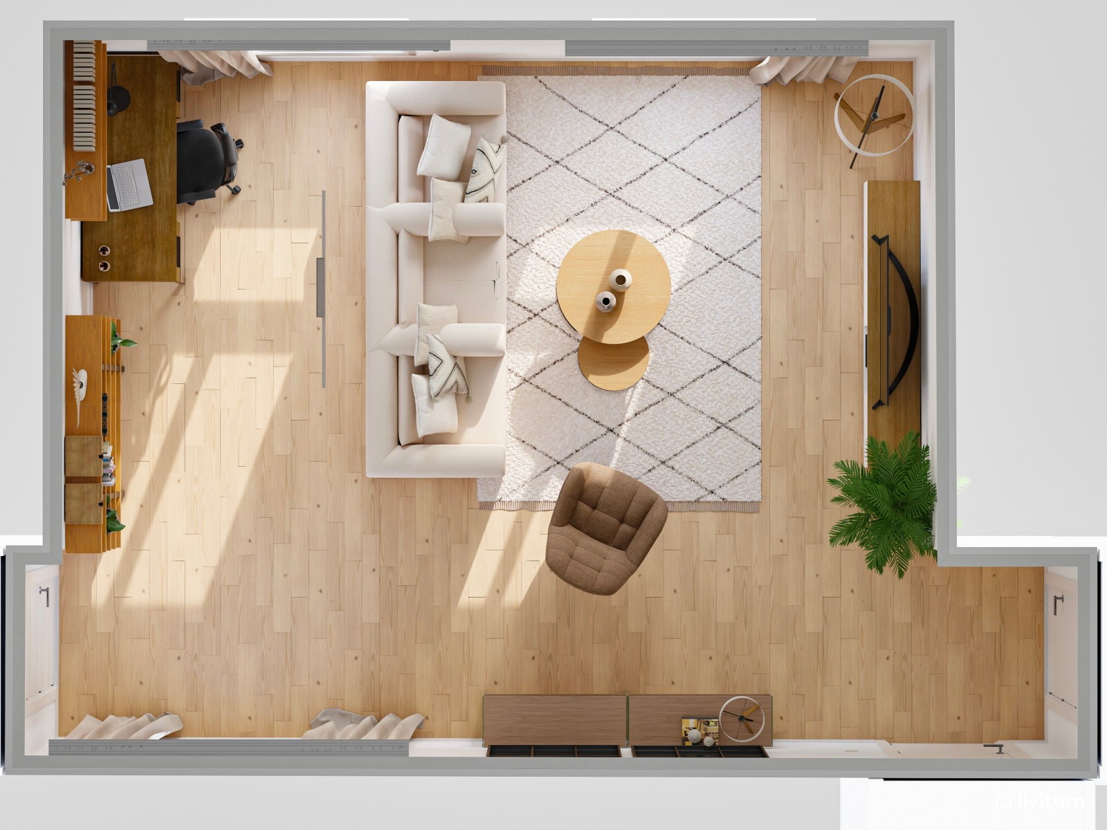 Salón elegante en tonos tierra con zona de trabajo y detalles mid-century 
