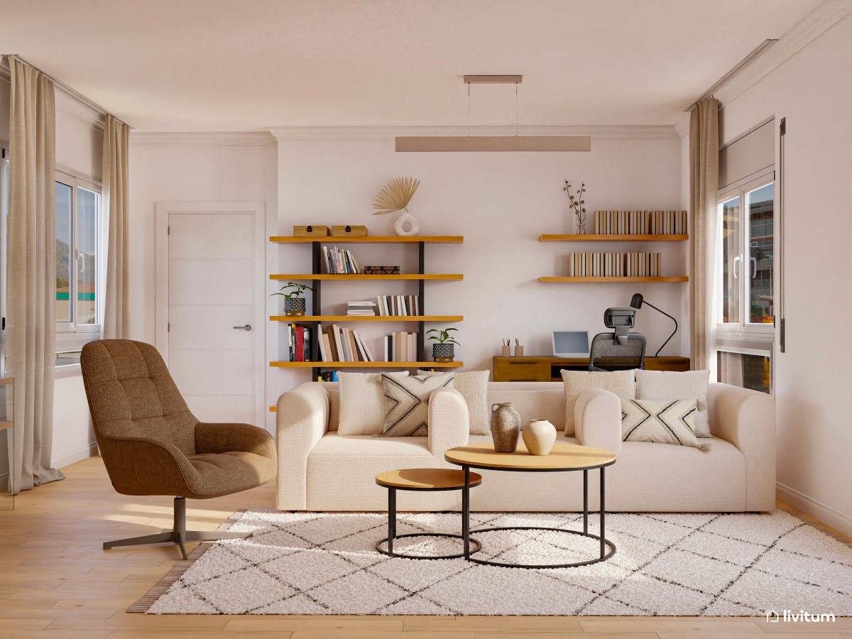 Salón elegante en tonos tierra con zona de trabajo y detalles mid-century