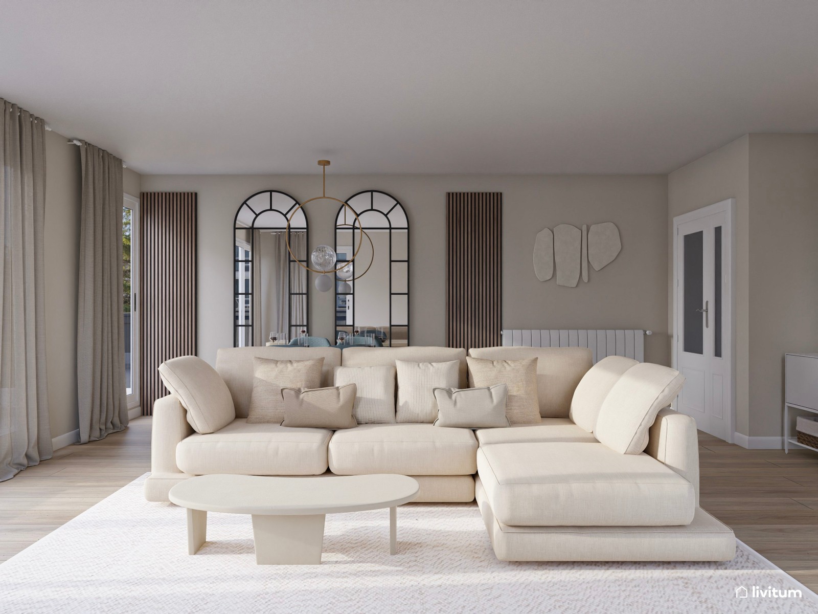 Salón elegante y amplio con mobiliario blanco, azul petróleo y acentos en negro