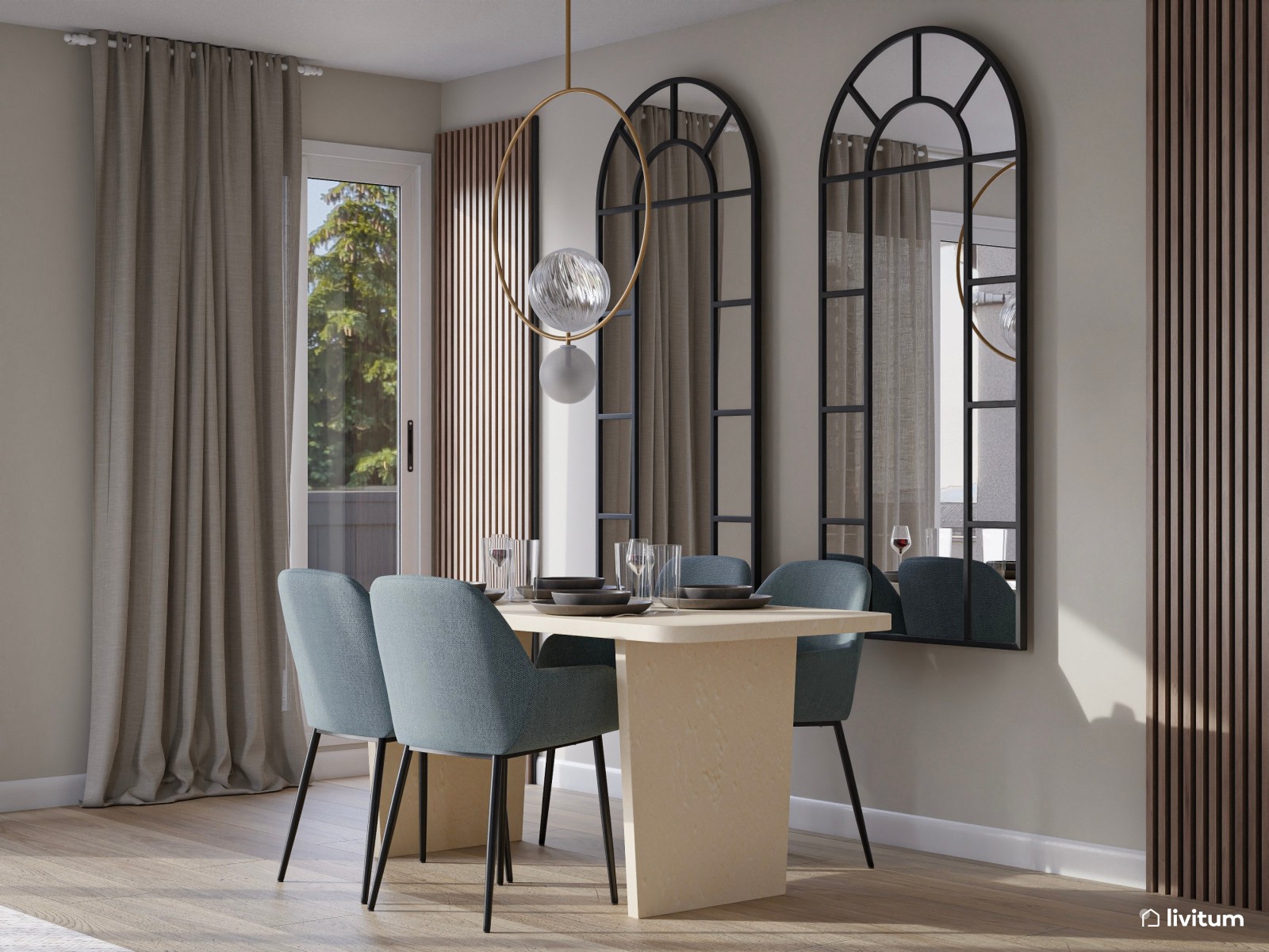Salón elegante y amplio con mobiliario blanco, azul petróleo y acentos en negro
