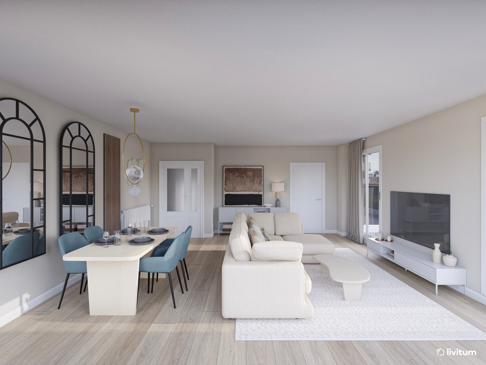 Salón elegante y amplio con mobiliario blanco, azul petróleo y acentos en negro