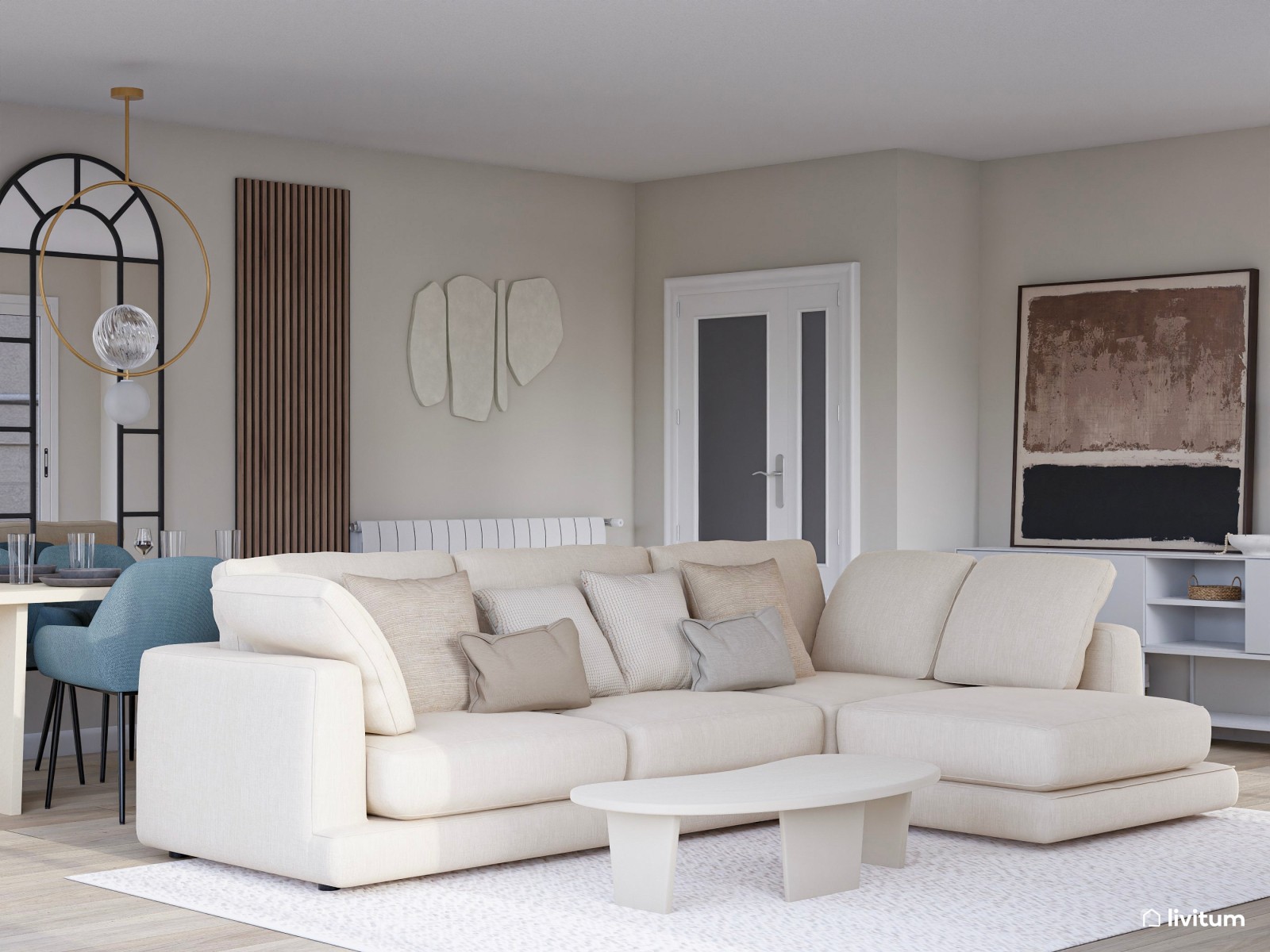 Salón elegante y amplio con mobiliario blanco, azul petróleo y acentos en negro