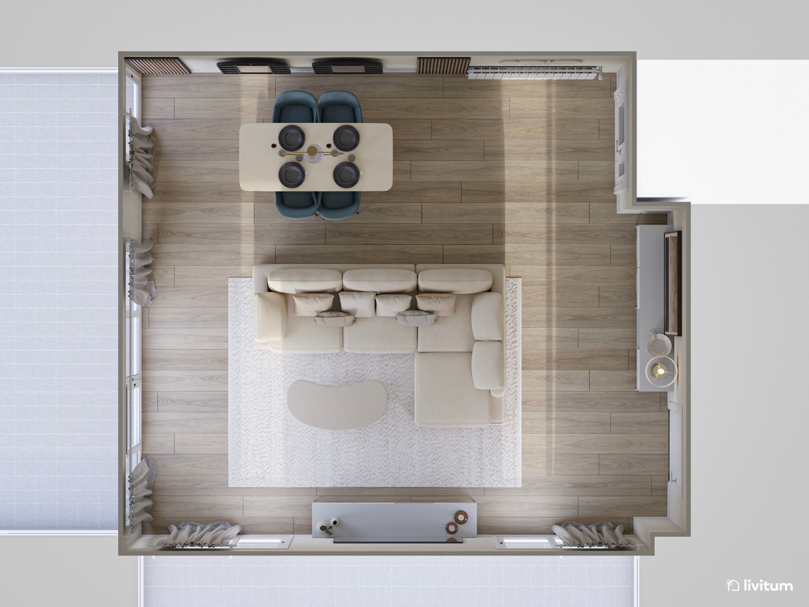 Salón elegante y amplio con mobiliario blanco, azul petróleo y acentos en negro