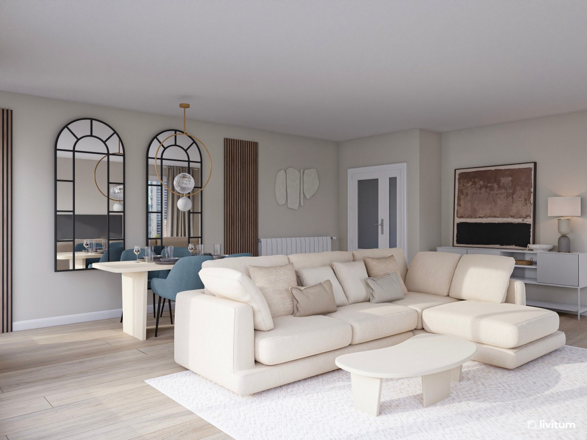 Salón elegante y amplio con mobiliario blanco, azul petróleo y acentos en negro