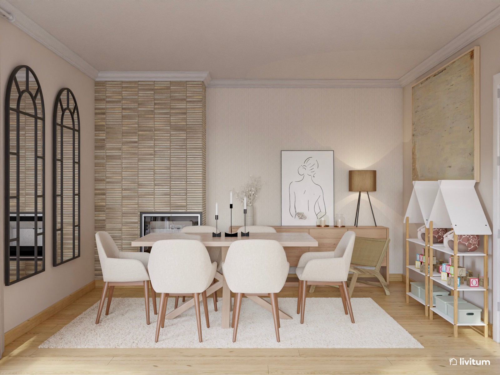 Salón elegante y amplio donde reinan las texturas y los tejidos suaves