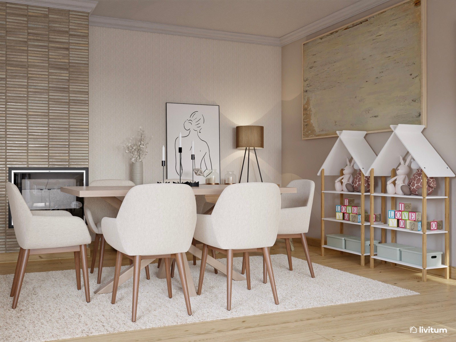 Salón elegante y amplio donde reinan las texturas y los tejidos suaves