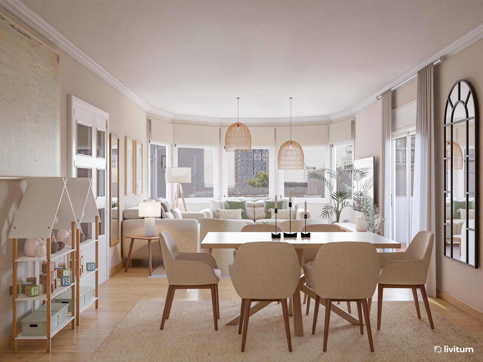 Salón elegante y amplio donde reinan las texturas y los tejidos suaves