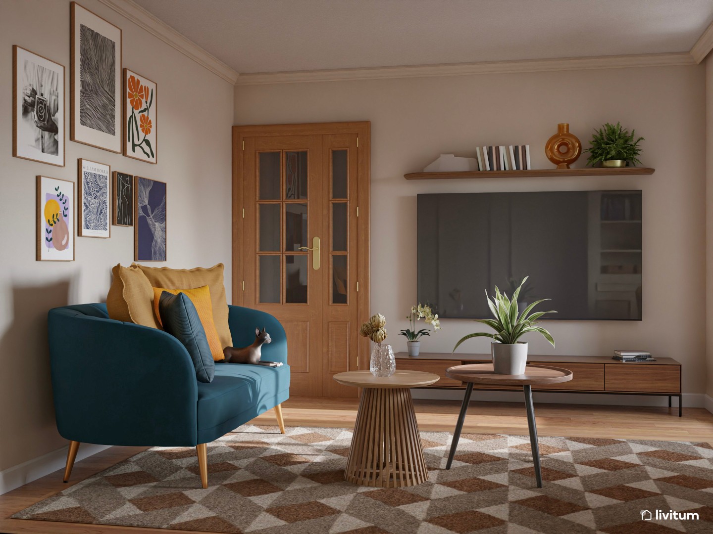 Salón elegante y colorido con originales detalles geométricos - Livitum.com