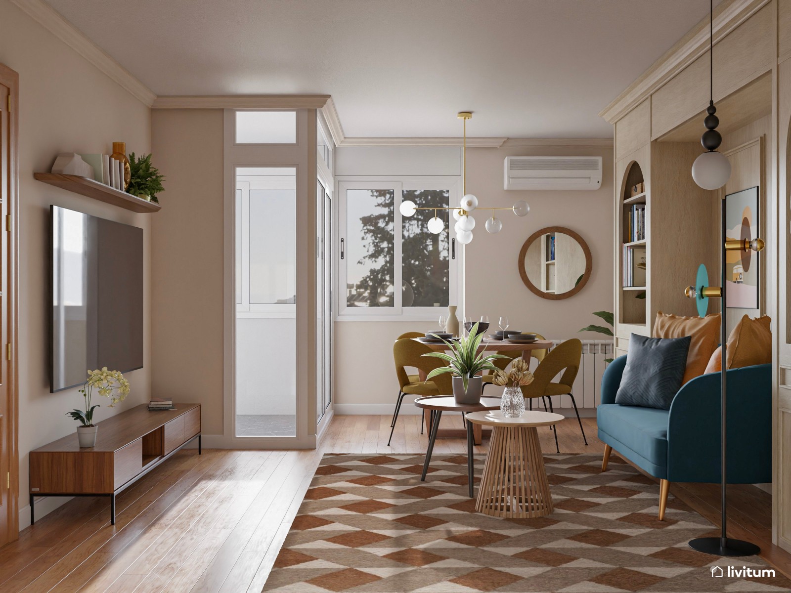 Salón elegante y colorido con originales detalles geométricos