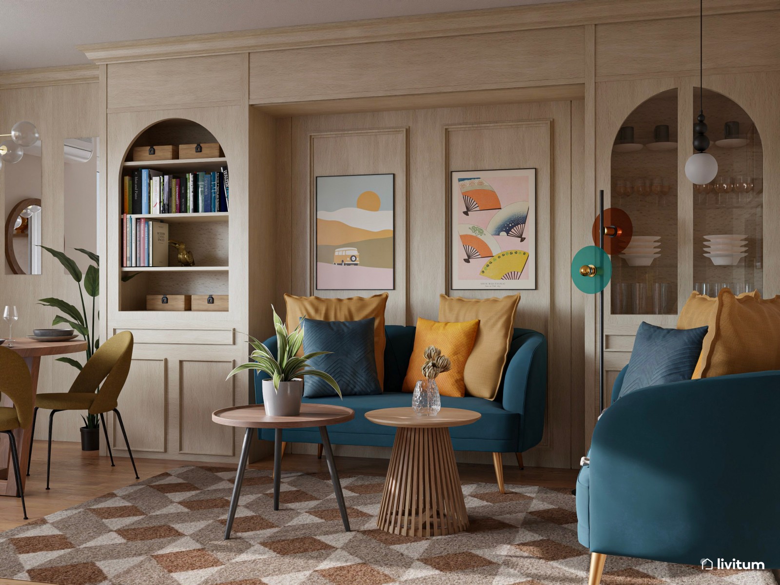 Salón elegante y colorido con originales detalles geométricos