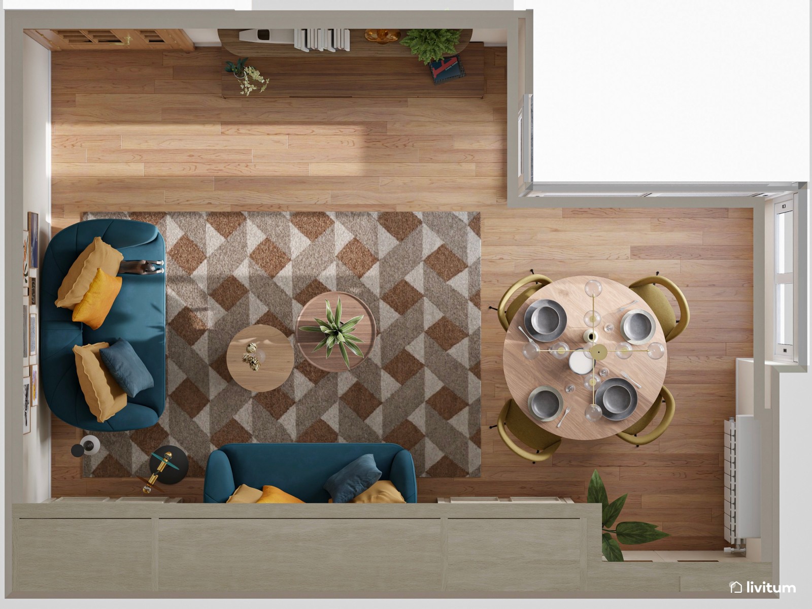 Salón elegante y colorido con originales detalles geométricos