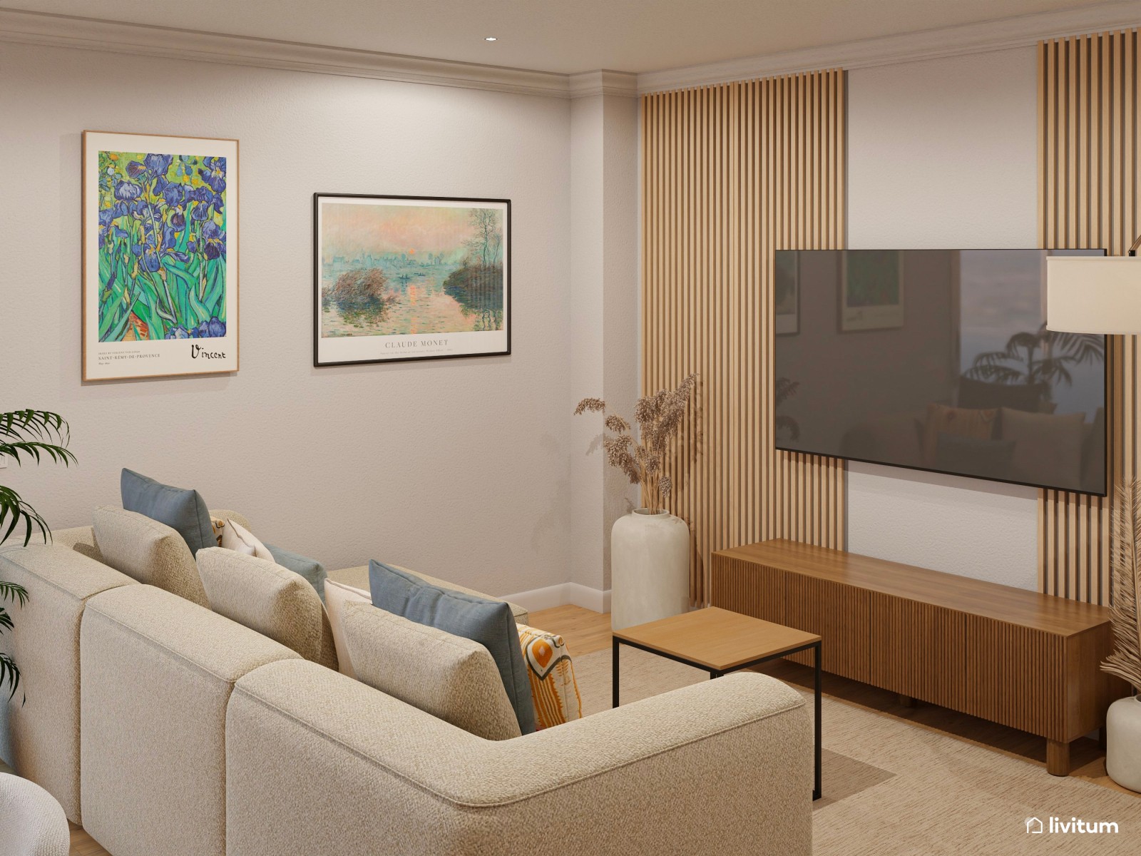 Salón elegante y estiloso en madera, con detalles artísticos 