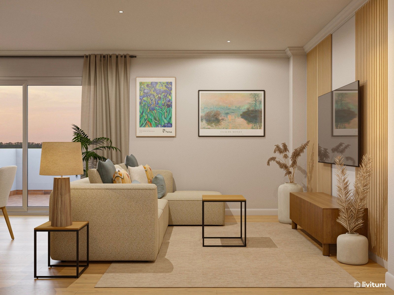 Salón elegante y estiloso en madera, con detalles artísticos 