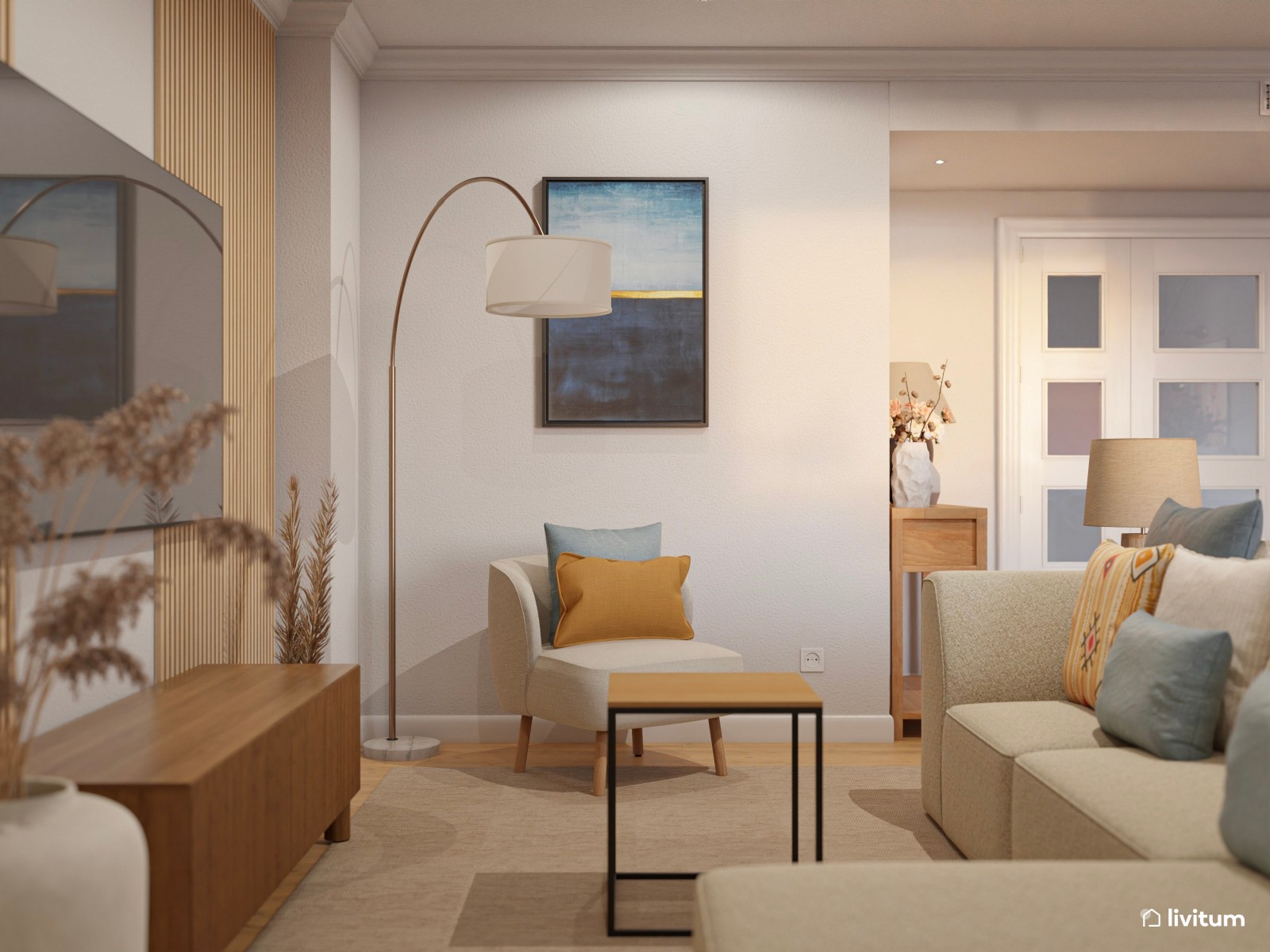 Salón elegante y estiloso en madera, con detalles artísticos 