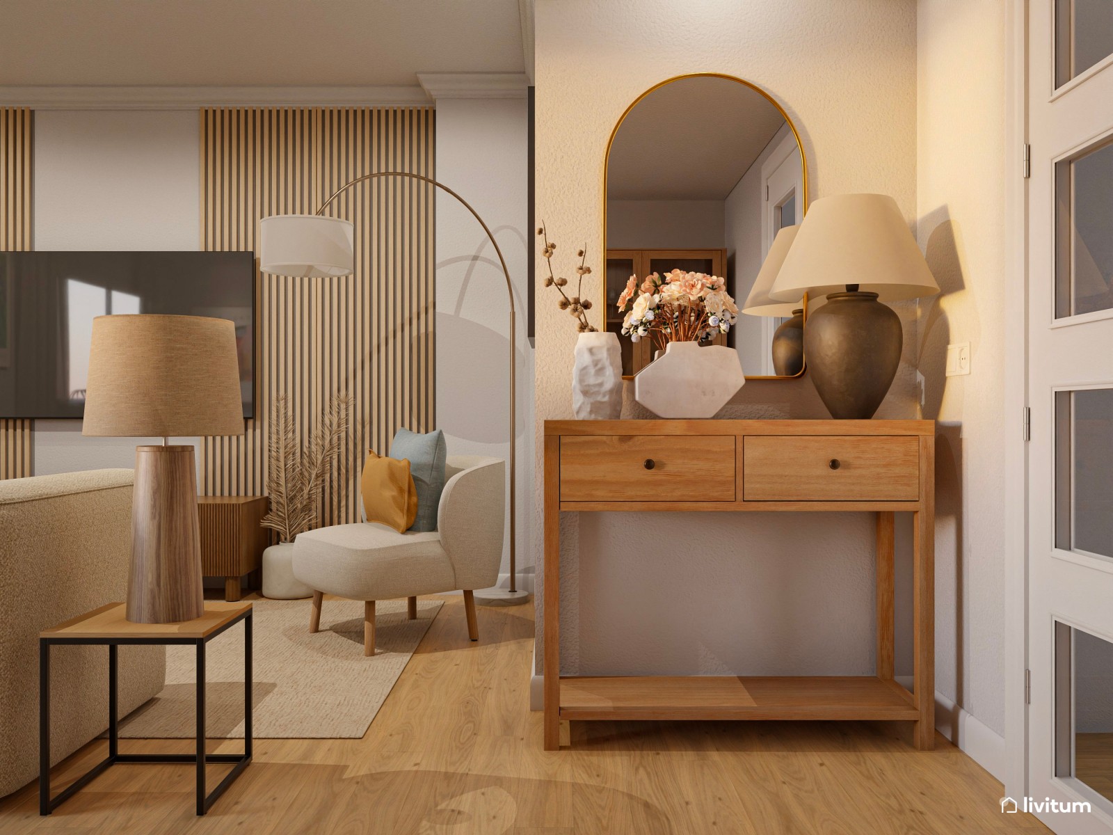 Salón elegante y estiloso en madera, con detalles artísticos 