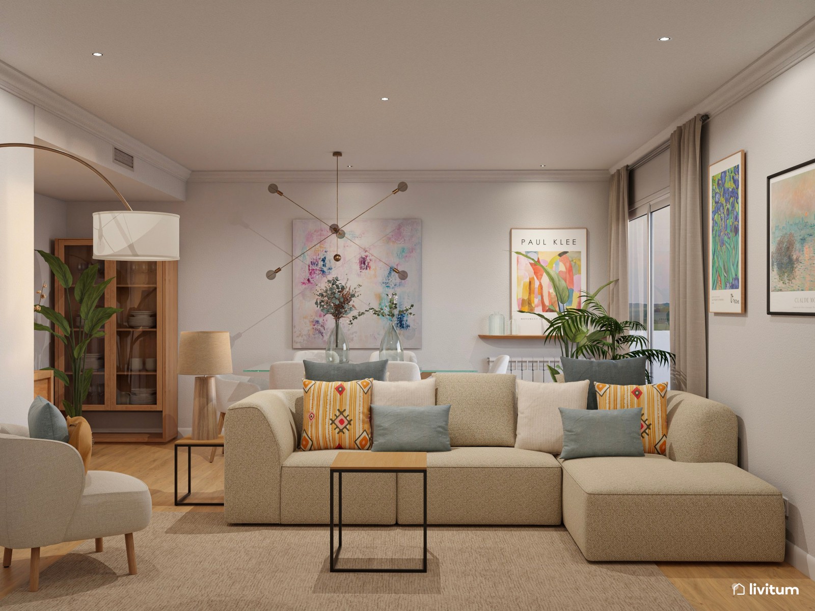 Salón elegante y estiloso en madera, con detalles artísticos 