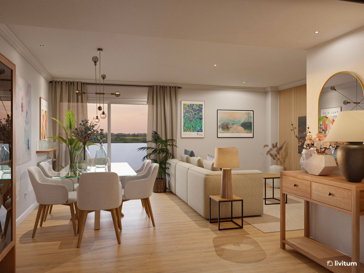 Salón elegante y estiloso en madera, con detalles artísticos
