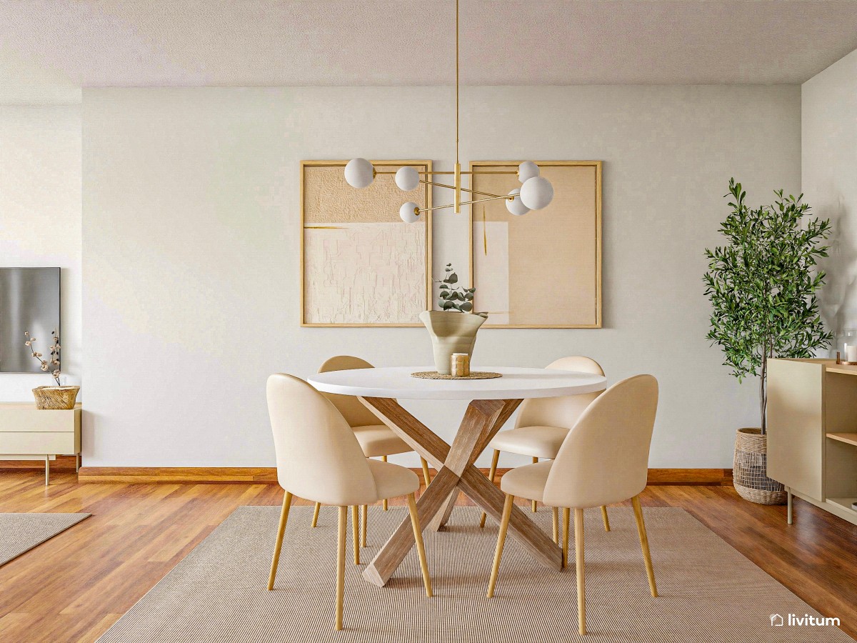 Salón en beige con mesa redonda en el comedor