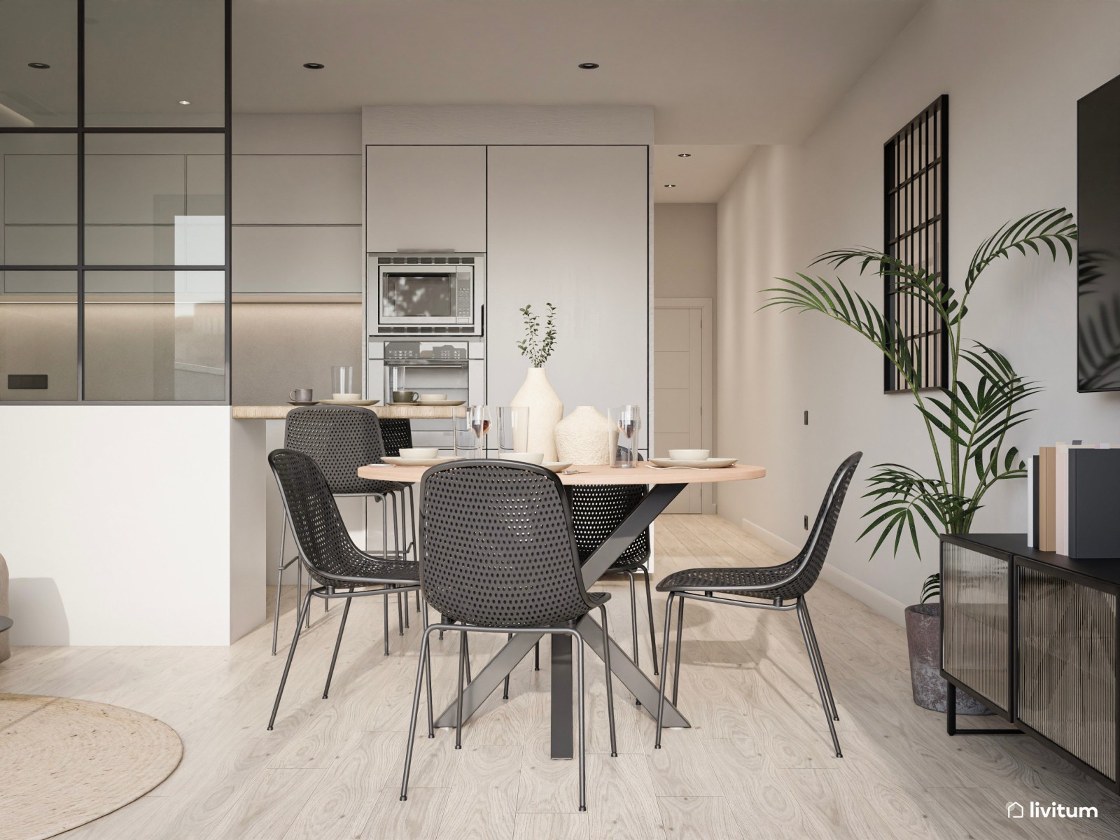 Salón en beige y negro con moderna cocina con cristalera