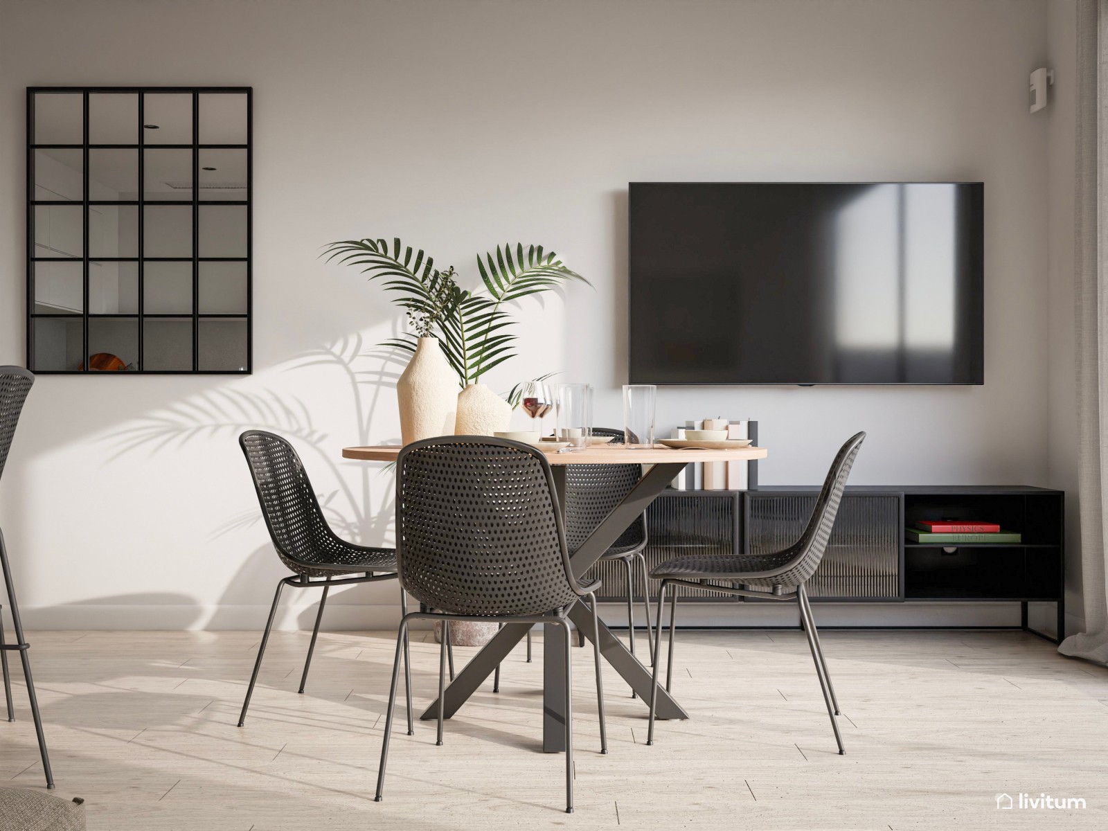 Salón en beige y negro con moderna cocina con cristalera