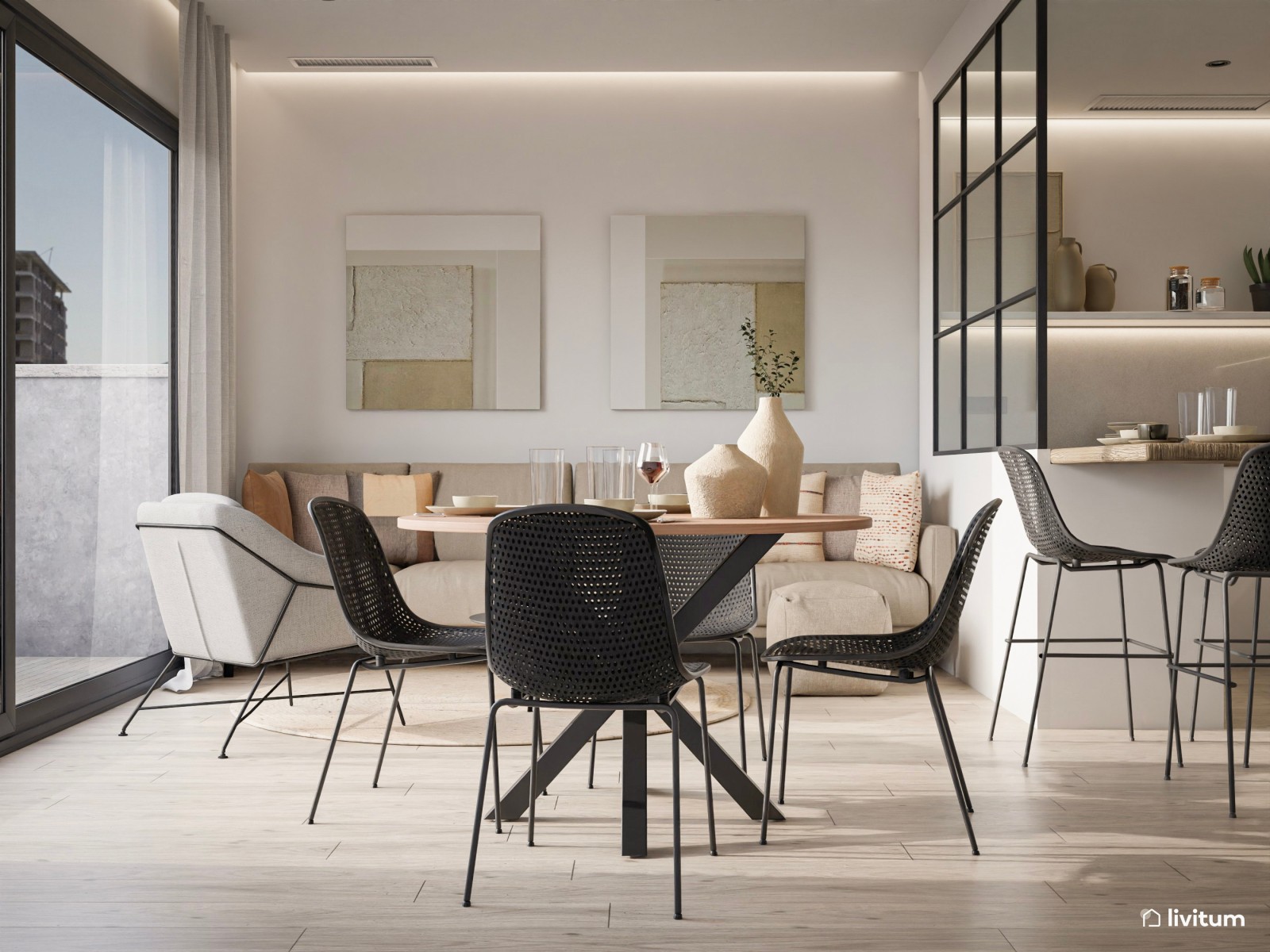 Salón en beige y negro con moderna cocina con cristalera