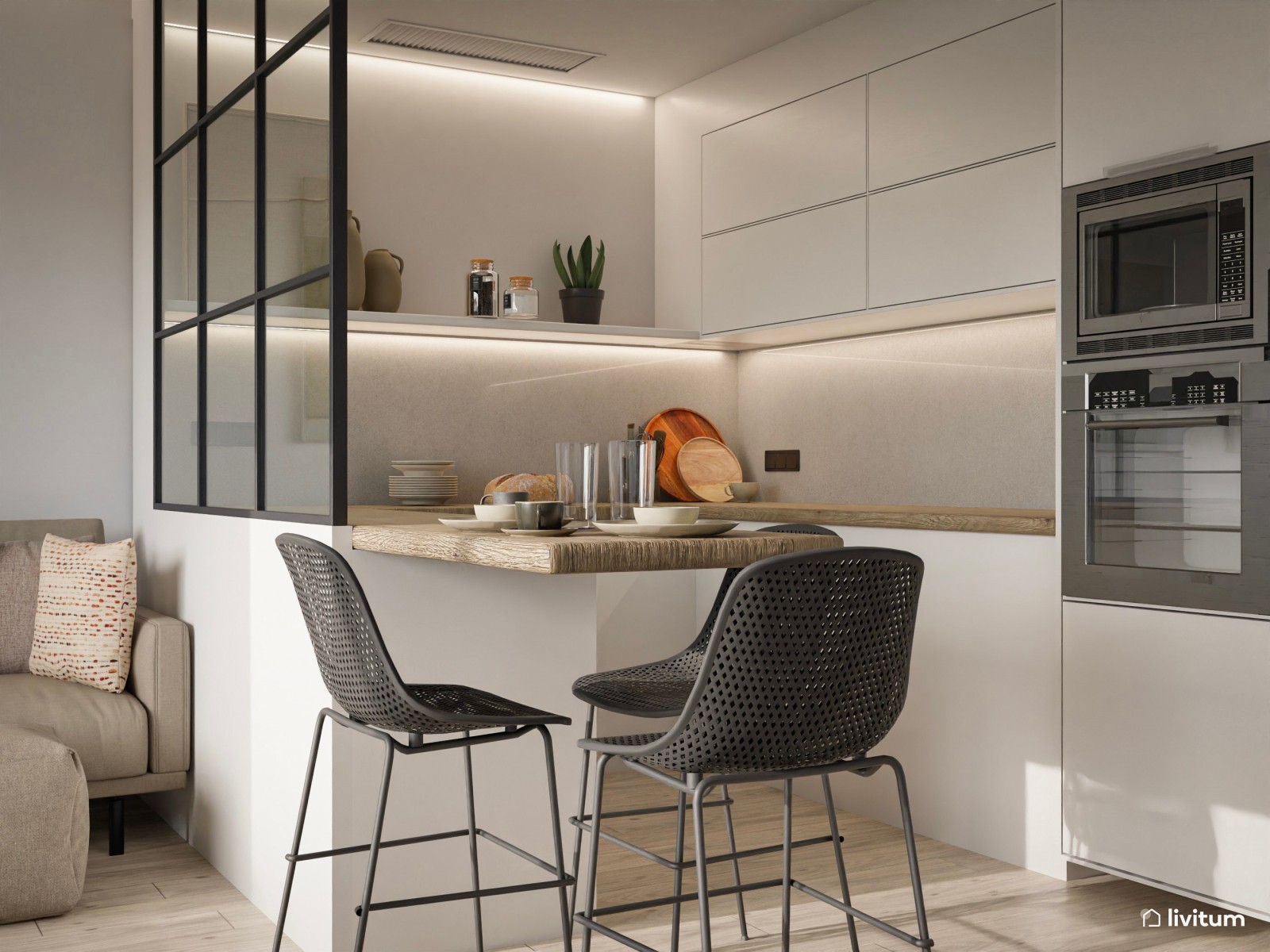 Salón en beige y negro con moderna cocina con cristalera