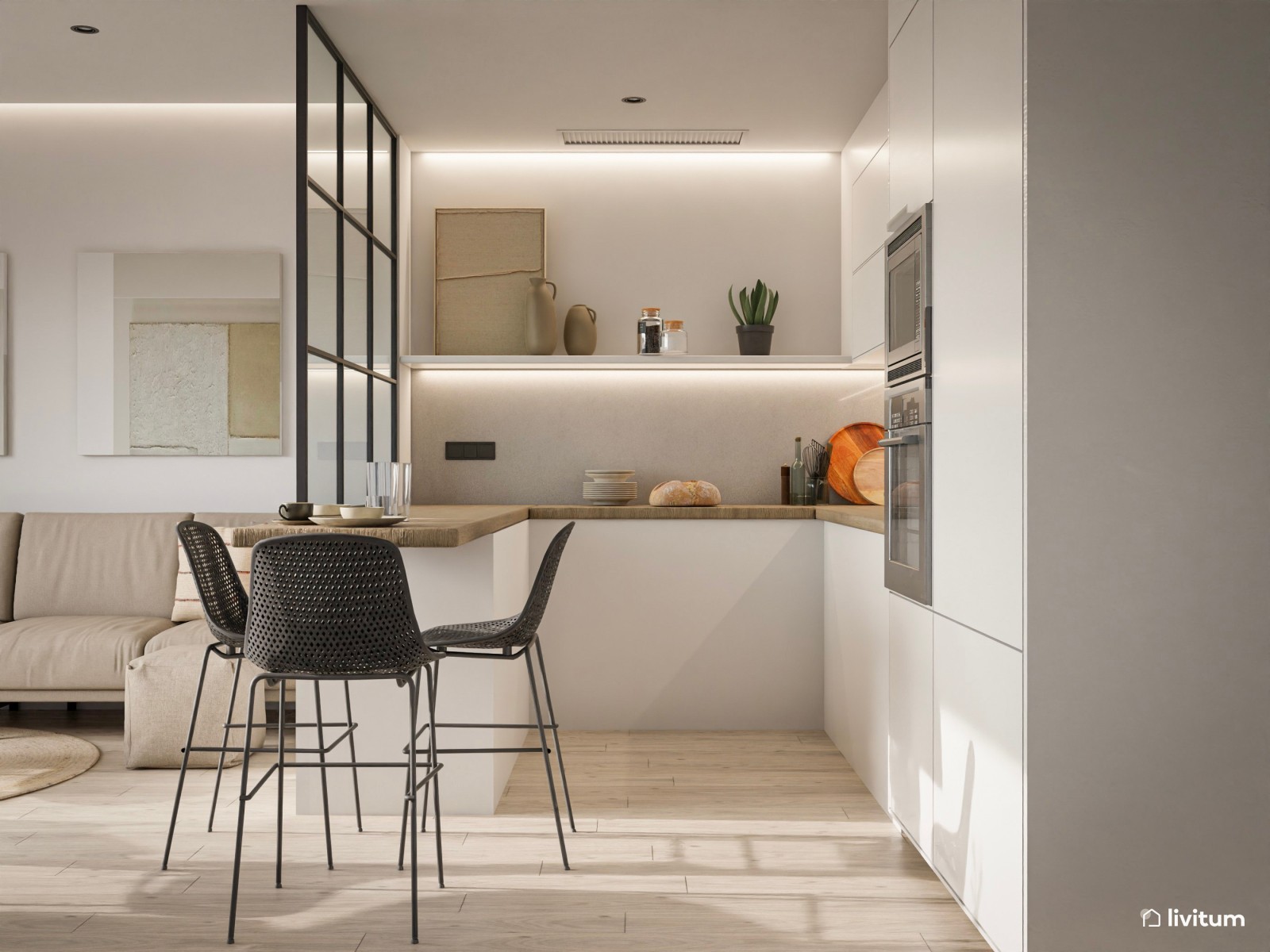 Salón en beige y negro con moderna cocina con cristalera