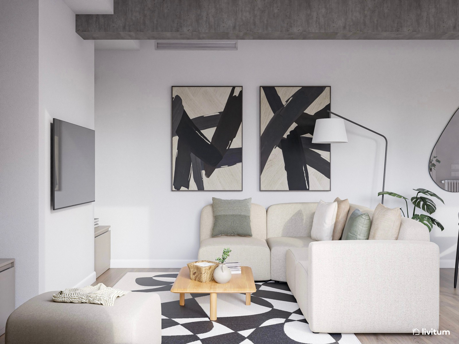 Salón en blanco, moderno con detalles en negro 