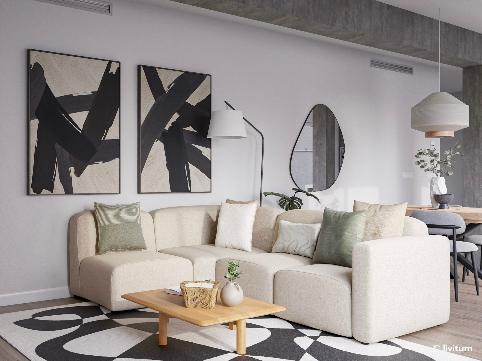 Salón en blanco, moderno con detalles en negro 