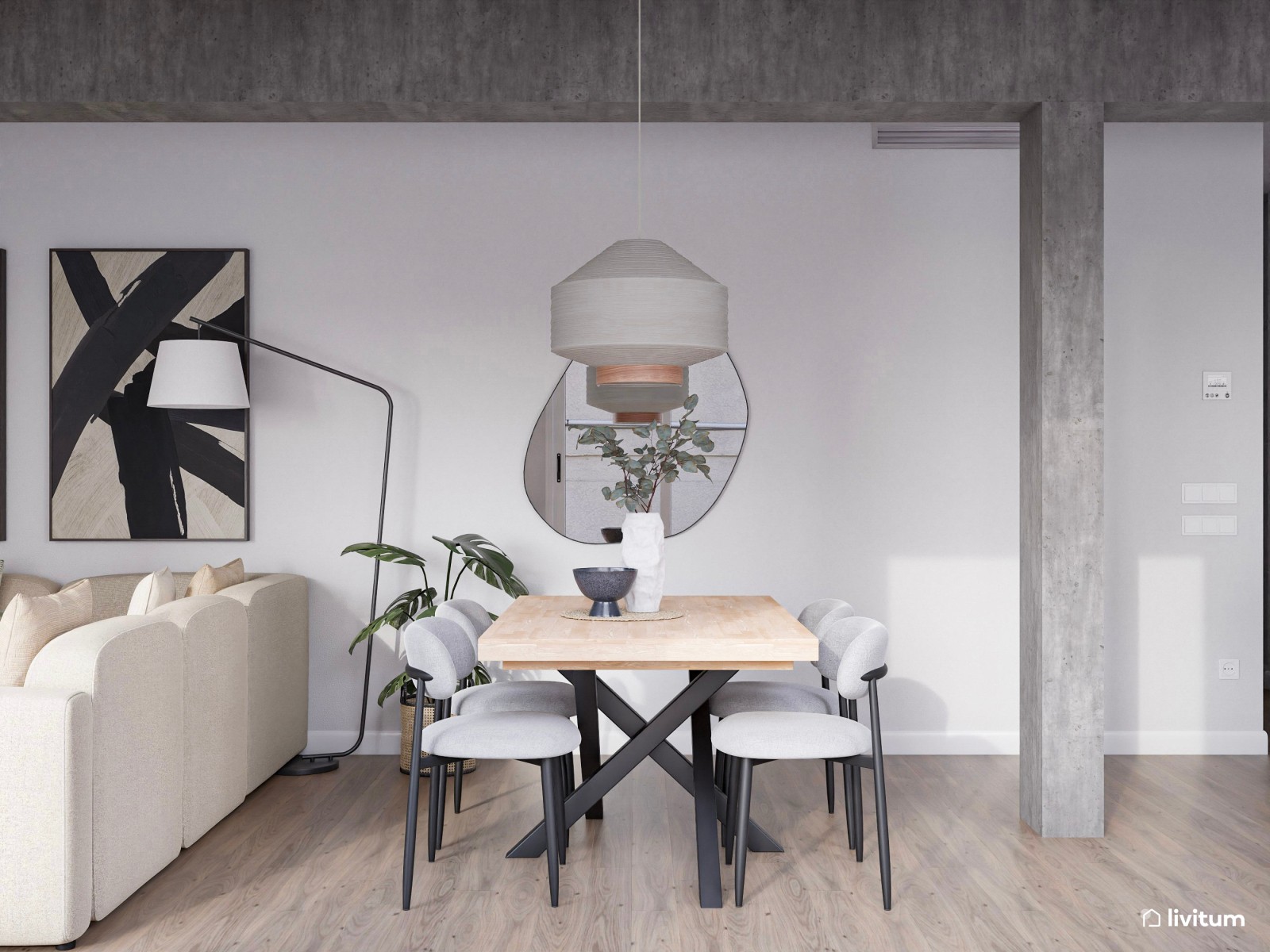 Salón en blanco, moderno con detalles en negro 