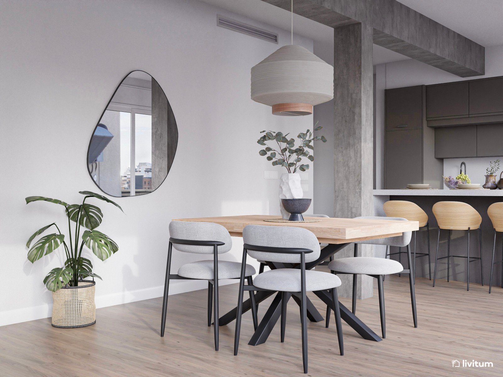 Salón en blanco, moderno con detalles en negro 