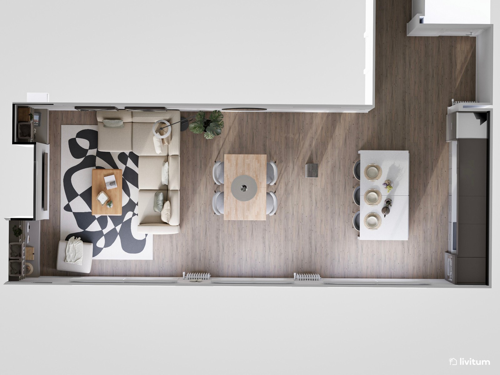 Salón en blanco, moderno con detalles en negro 