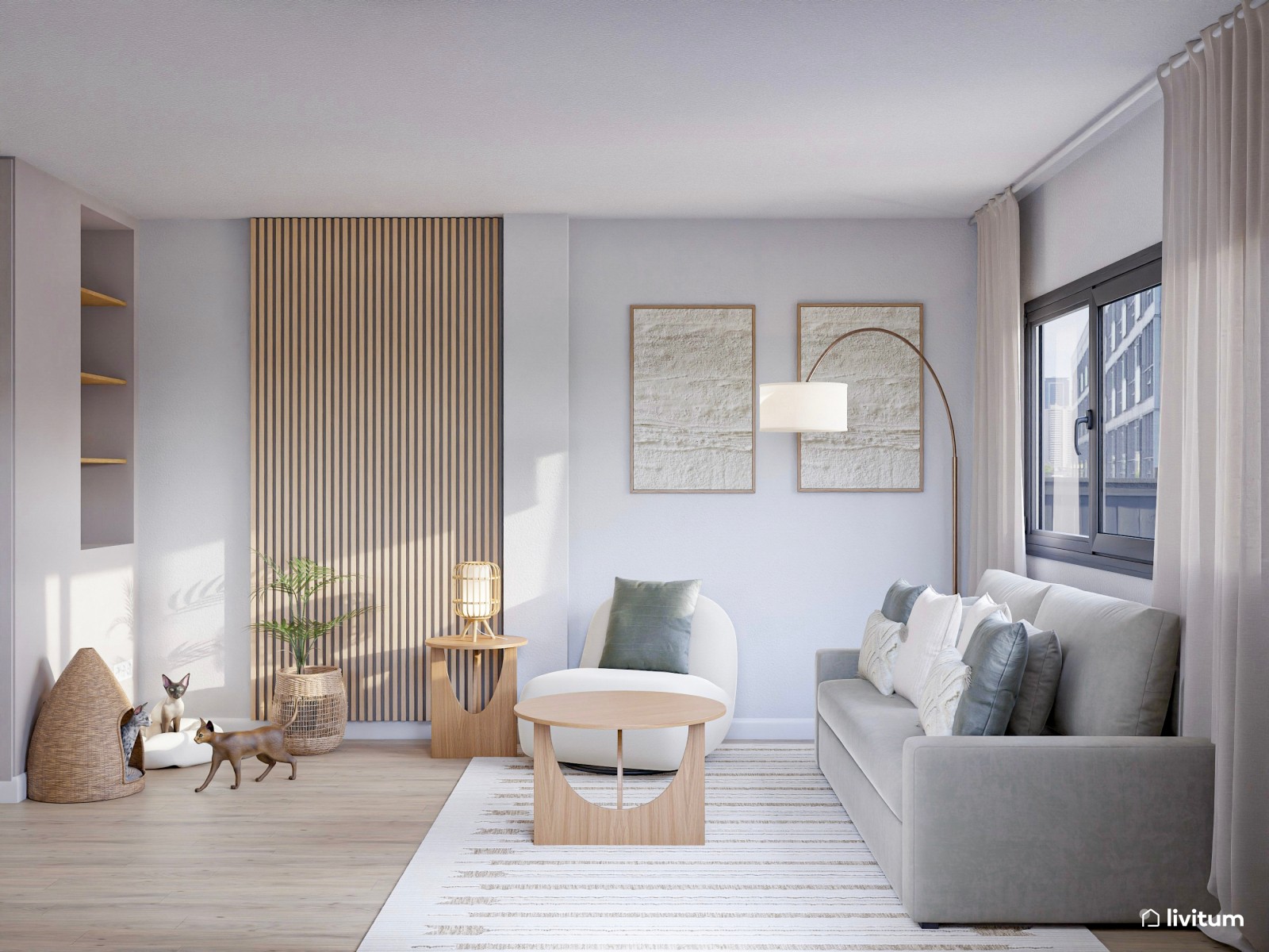 Salón en tonos suaves con muebles curvados y pequeño recibidor