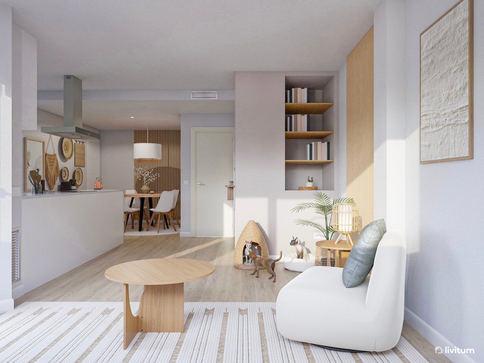 Salón en tonos suaves con muebles curvados y pequeño recibidor