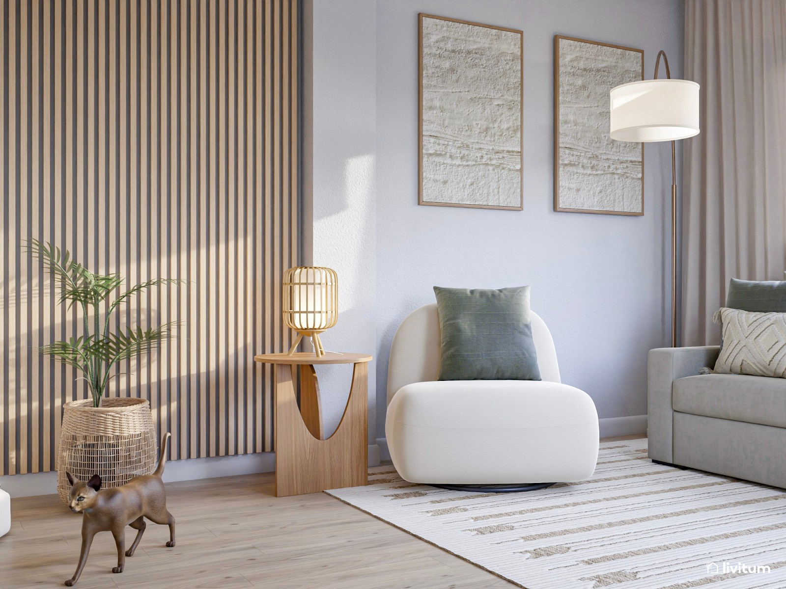 Salón en tonos suaves con muebles curvados y pequeño recibidor