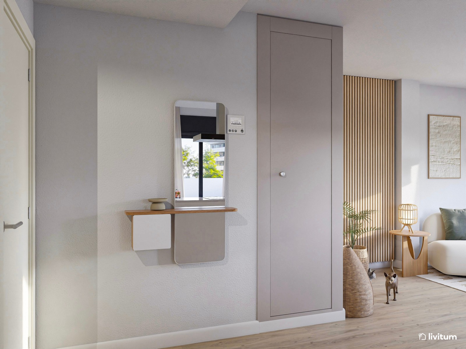 Salón en tonos suaves con muebles curvados y pequeño recibidor