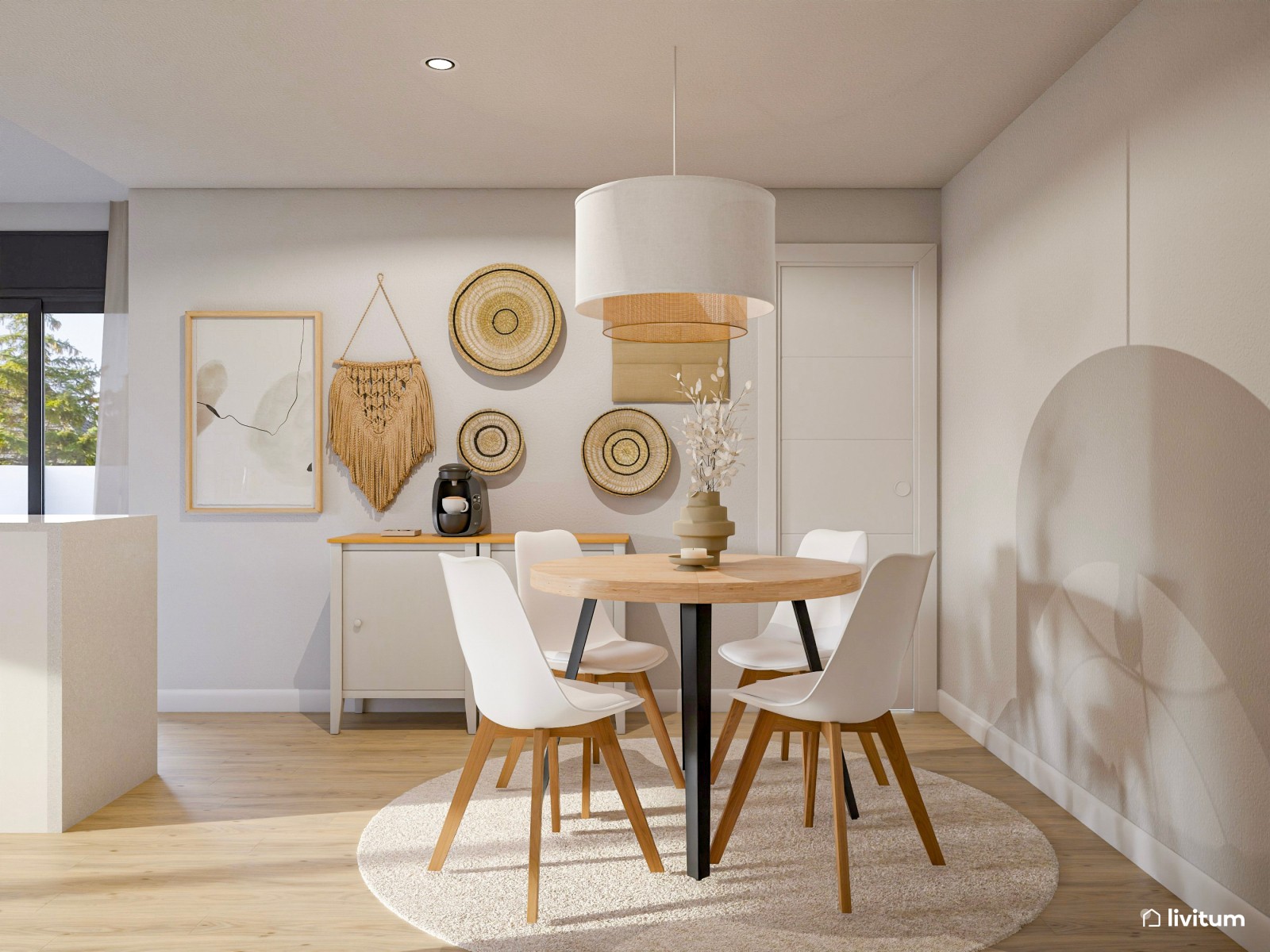 Salón en tonos suaves con muebles curvados y pequeño recibidor